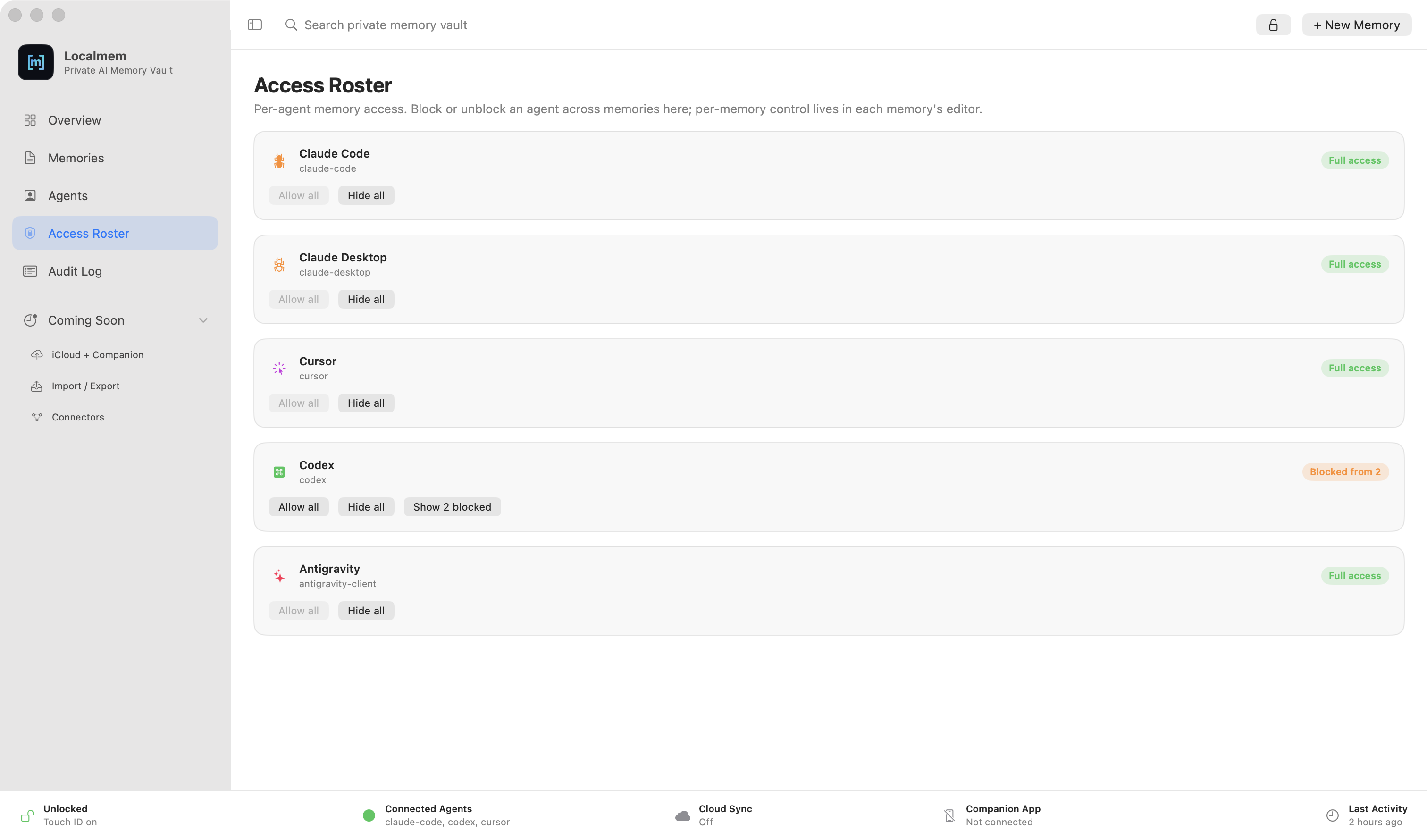 Localmem Access Roster granting full access to most agents and blocking Codex from two memories.