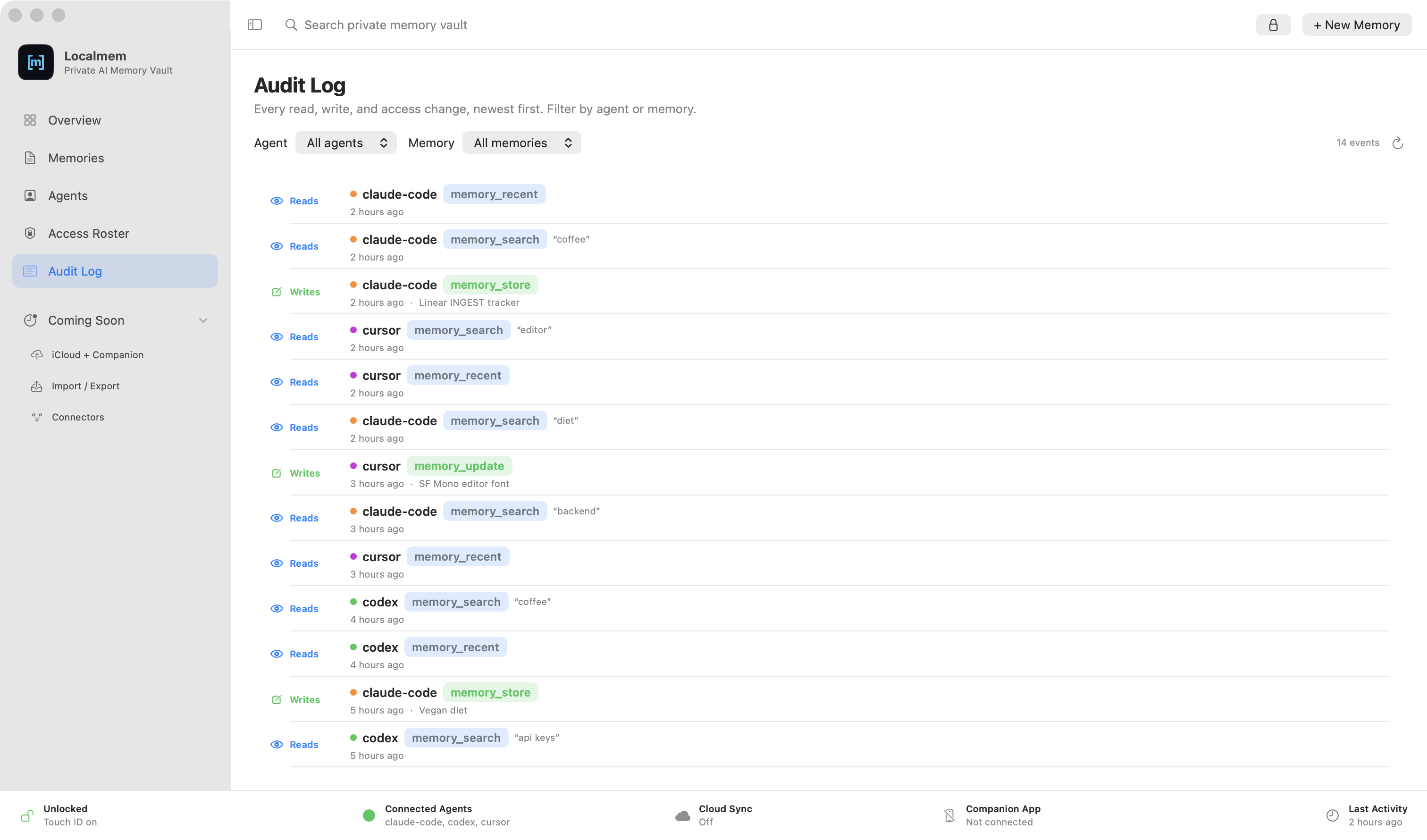 Localmem Audit Log listing every read, write and search by agent, newest first.