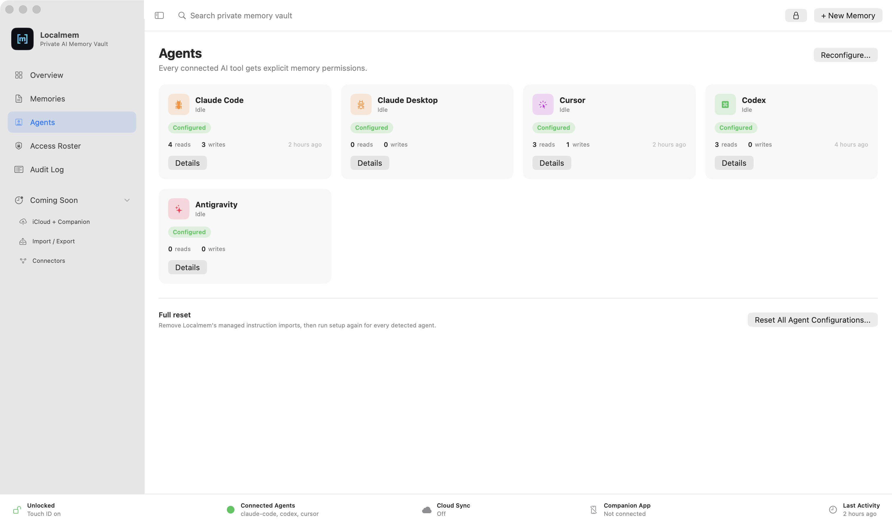 Localmem Agents screen listing Claude Code, Claude Desktop, Cursor, Codex and Antigravity with reads and writes.