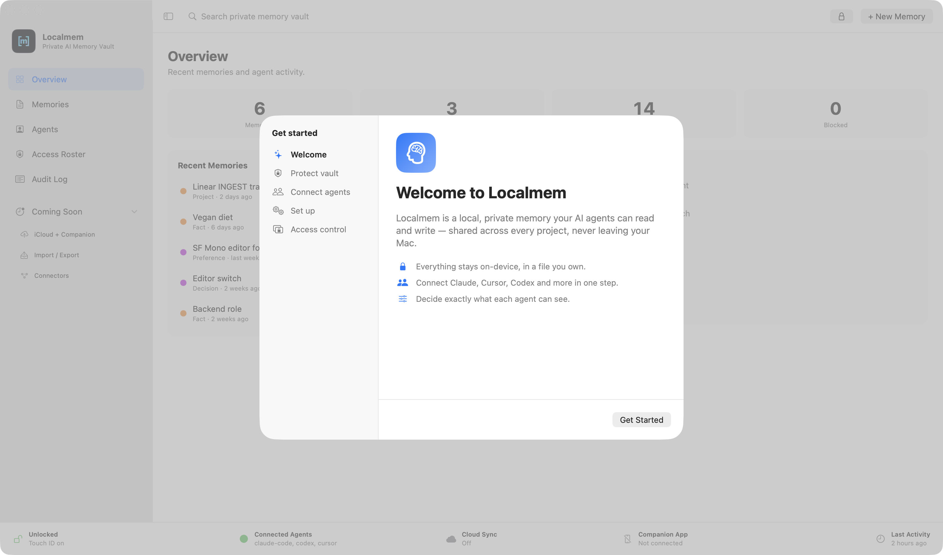 Localmem setup wizard welcoming you and connecting your AI clients.